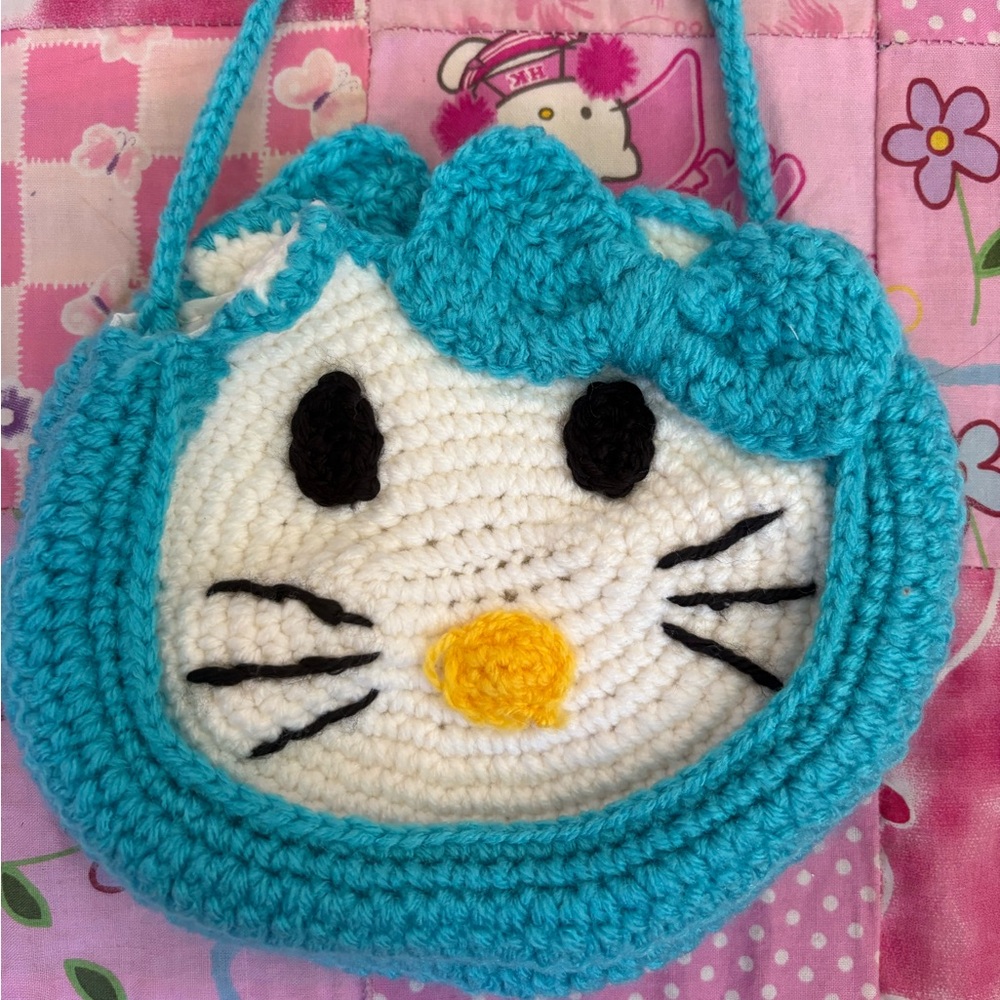 Handmade Crochet Blue Hello Kitty Bag